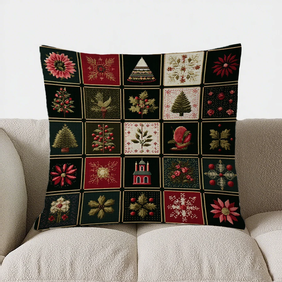 

Christmas-Themed Patchwork Pattern throw pillow cover with short plush print for living room sofa decoration cushion cover