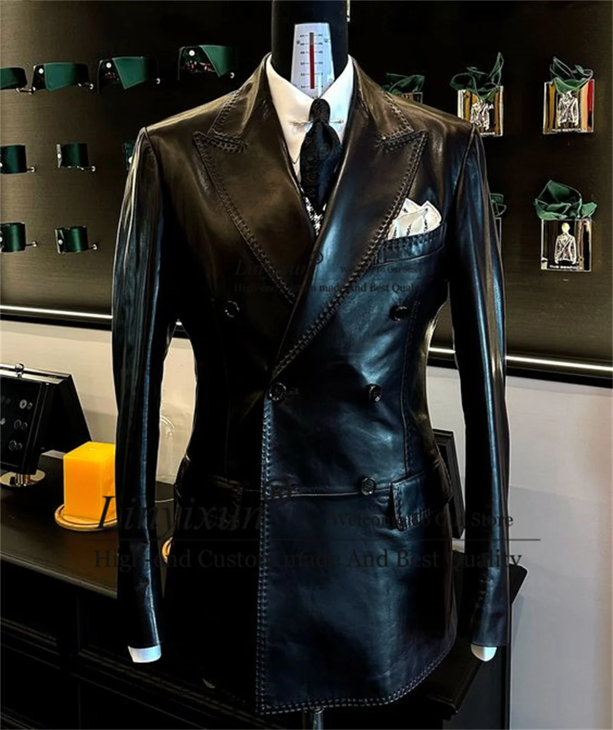 Formal Black Leather Men Suits Slim Fit Double Breasted Groom Tuxedos 2Pieces Sets Classic Male Prom Blazers trajes para hombre