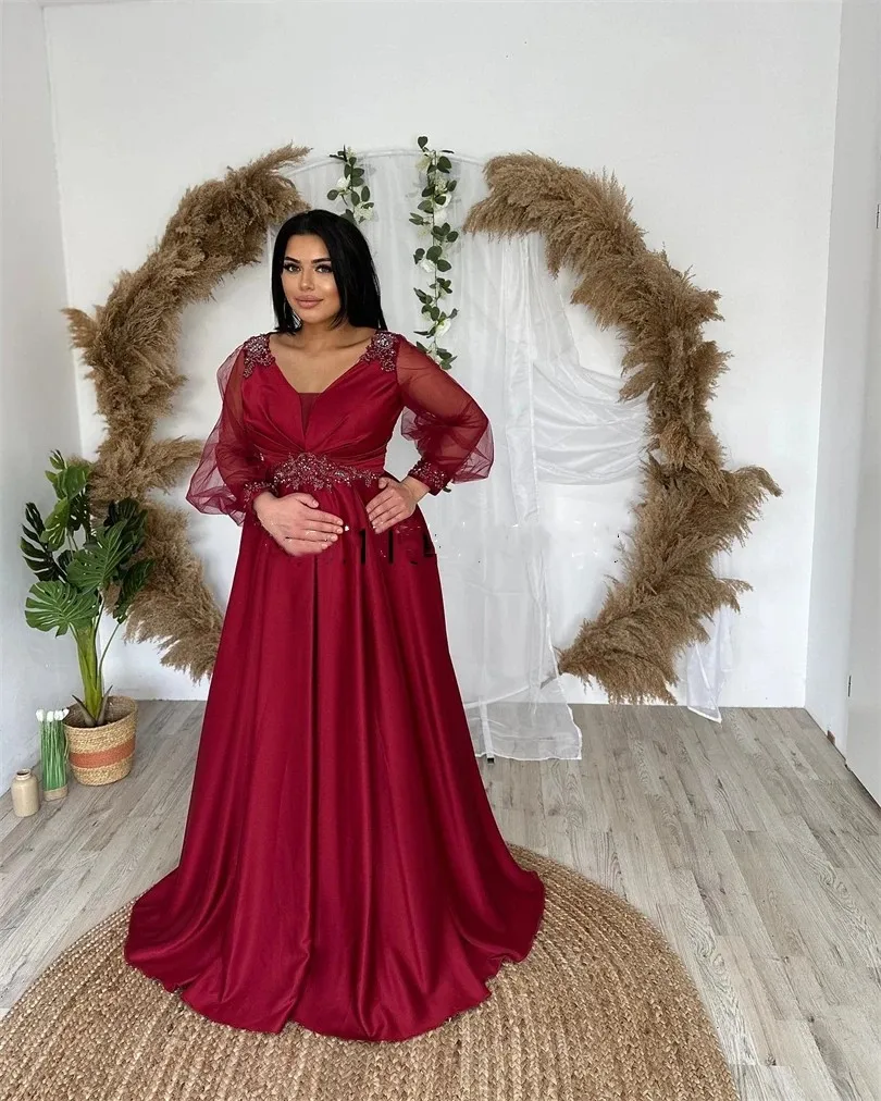 Elegant Red V-Neck Satin Evening Dress A-Line Tulle Puff Long Sleeves Formal Party Dresses Glitter Porm Gown For Women 2023