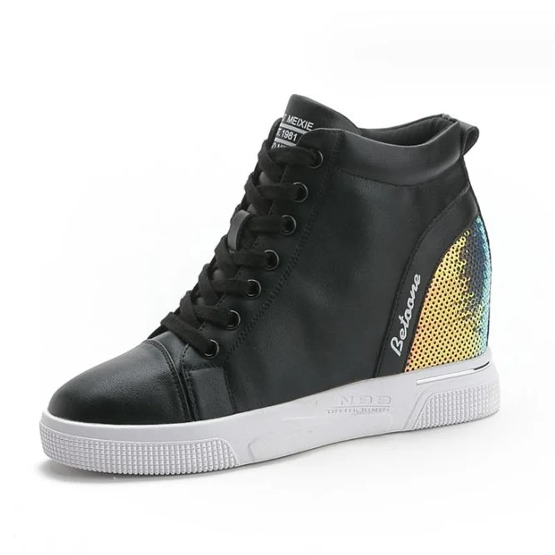 7cm  women Genuine Leather sequin Shoes Women Sneaker Shoes High Heels Increase Within Wedges Casual Vulcanized shoes  34 40
