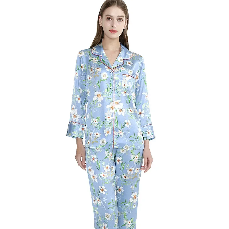 Printed 19MM 100% Mulberry Silk Women's Pajama Set Long Sleeve Top with Pants 2Piece Loungewear Pj Suit Pyjama with Lapel Collar
