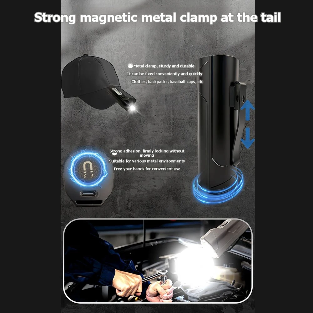 Pocket Flashlight Rechargeable Small Magnetic Flashlight With COB Work Light, For Outdoor