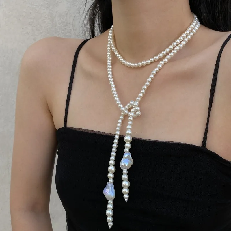 

Long Layered Necklace Women Fashion White Double Vintage Imitation Pearl Choker Femme Party Light Luxury Elegant Jewelry Gifts