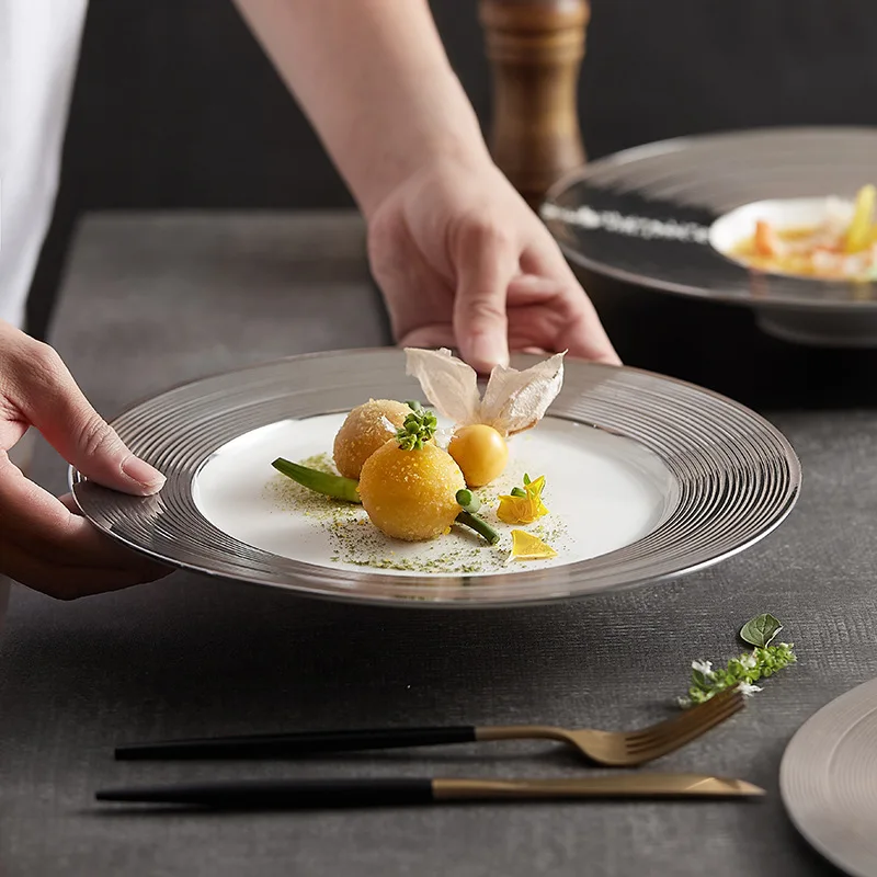 Mirror polished thread texture light luxury simple western food plate high-end ceramic solid pattern steak dessert pasta plate