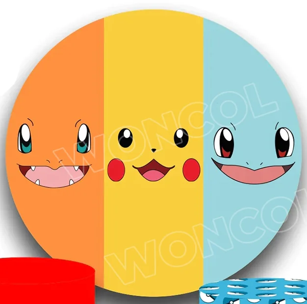 Pikachu Squirtle Charmander Round Cover Pokemon Birthday Backdrop Pokemon Pokeball Ash Ketchum Cylinder Cover Baby Shower Decor