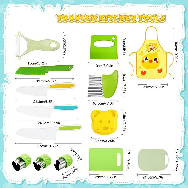 15pcs Kitchen Cooking Set with Cutting Board Cutter Montessori toy Real Cooking Experience Tools for Kids Proof 3-12 Years Old