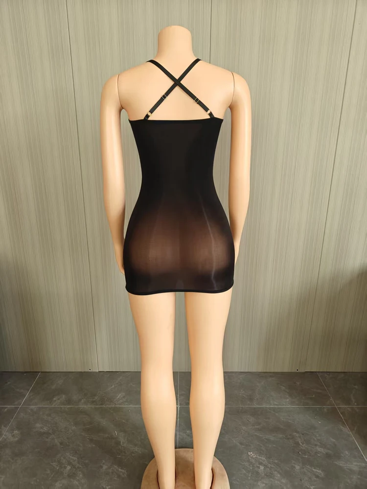 2026 Sommer Damen Sexy Transparentes Mesh-Minikleid mit Spaghettiträgern, V-Ausschnitt, Durchsichtig, Figurbetont, Hochelastisch, für Mitternachtspartys und Clubwear – Detail 6