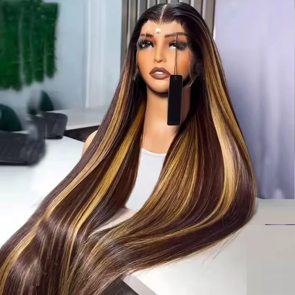

26Inch Natural Highlight Brown Straight Long Soft 180Density Deep Lace Front Wig For Women With Baby Hair Preplucked Glueless