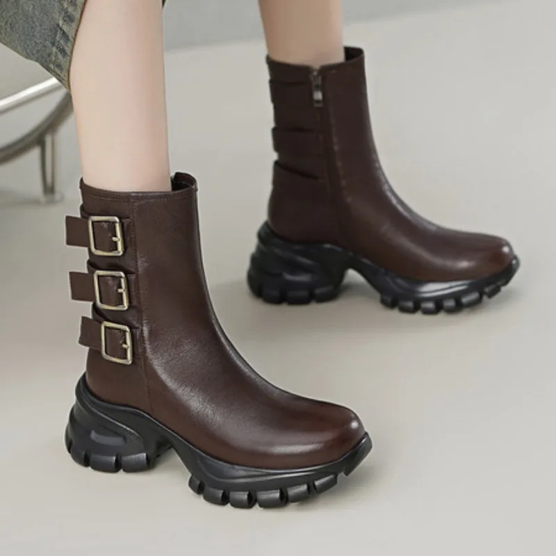

2025 New Fashion Women Boots Autumn Genuine Leather Thick-soled Platform Shoes Sexy 6.5cm Ultra-high Heel Belt Buckles Boots