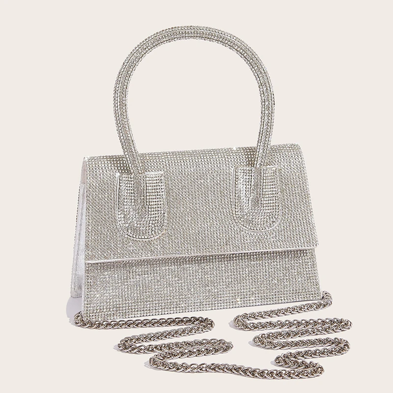 Fashion Bling Rhinestone PU Leather Top Handle Bag Women Full Diamond Wedding Party Evening Messenger Purse Crossbody Chain Bag