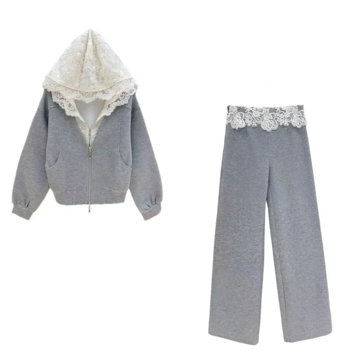 

Women's Suit 2025 High-end Splicing Lace Hooded Sweater + Casual Pants Two-piece Set