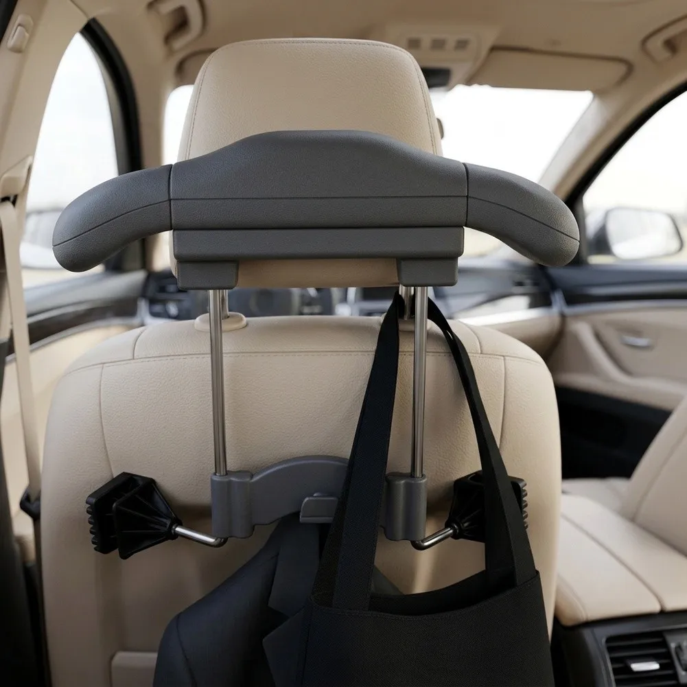 Retractable Automotive Hanger for Shirts Jackets Dresses Handbags Hangs on Seat Headrest Without Leaving Marks or Damage