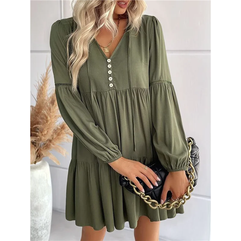 NEW-Long Sleeve Short Dresses For Women V Neck Fall Casual Loose Fit Flowy Swing Tiered Vacation Boho Dress