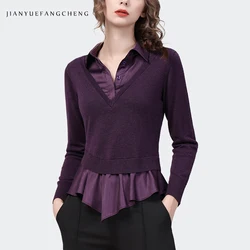 2022 Autumn Women Long Sleeve Purple Fake 2 Pieces Knitted Sweater Shirt Collar Irregular Length Elegant Skinny Pullovers Tops