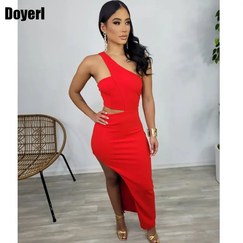 

One Shoulder Elegant Bodycon Midi Dresses for Women High Quality Party Evening Stretch Side Slit Black Red Sexy Night Club Dress