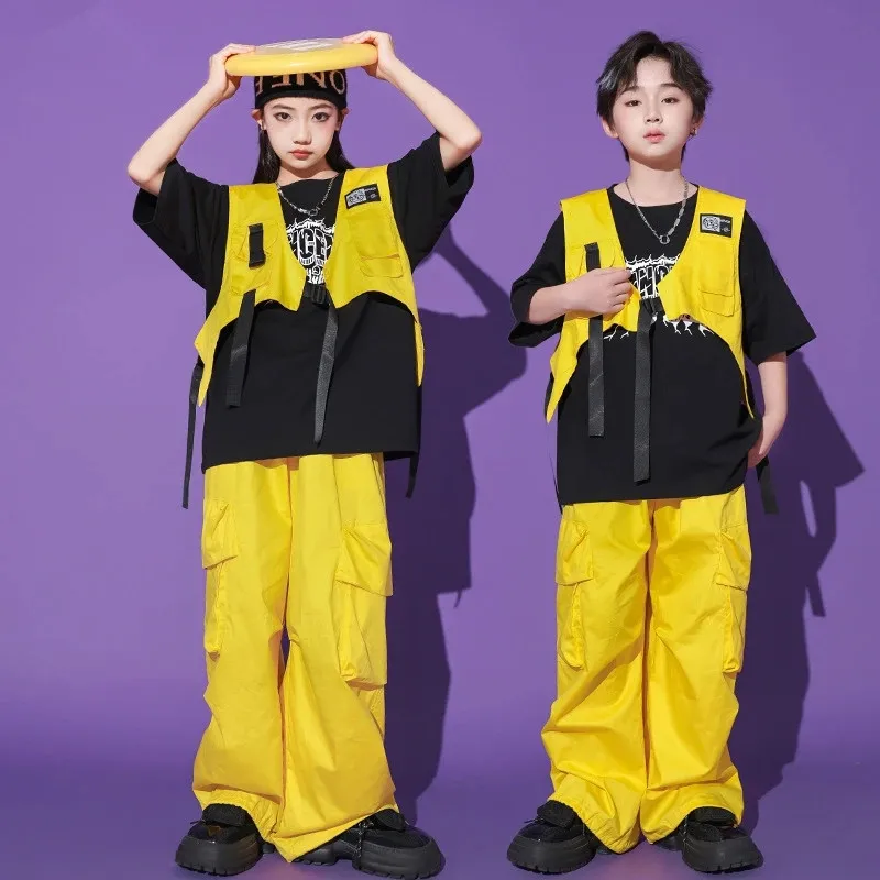 ヒップホップガールズベストイエローカーゴパンツボーイズクールtシャツストリートダンスジョガー子供ストリートウェア服セットキッズジャズコスチューム