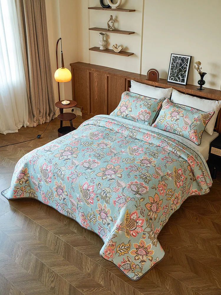 

American Style Pure Cotton Quilt Coverer Double Sided Sewn Fill Light Weight Three Piece Set for All Seasons Bedding Sheets