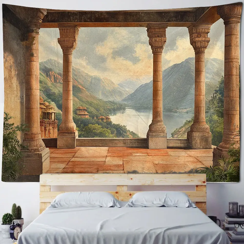 Medieval Roman Column Landscape Oil Painting Background Decoration Tapestry European Oil Painting Masters Works