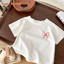 Bear Leader Children's Clothing Summer Smiling White T-shirt Cartoon Girl Avatar Bow Print Round Neck Short Sleeved Girl Top