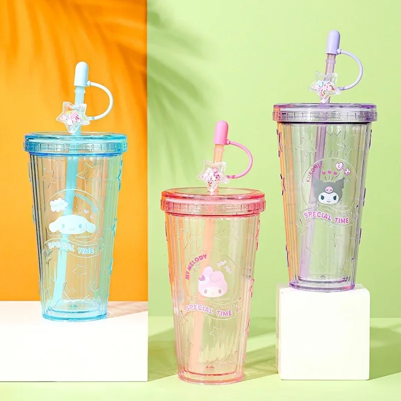 Anime Cartoon Saniroed Series Plastic Straw Cup Kawaii My Melody Cinnamoroll Kuromi Pochacco Cute Portable Water Cup Kids Gift