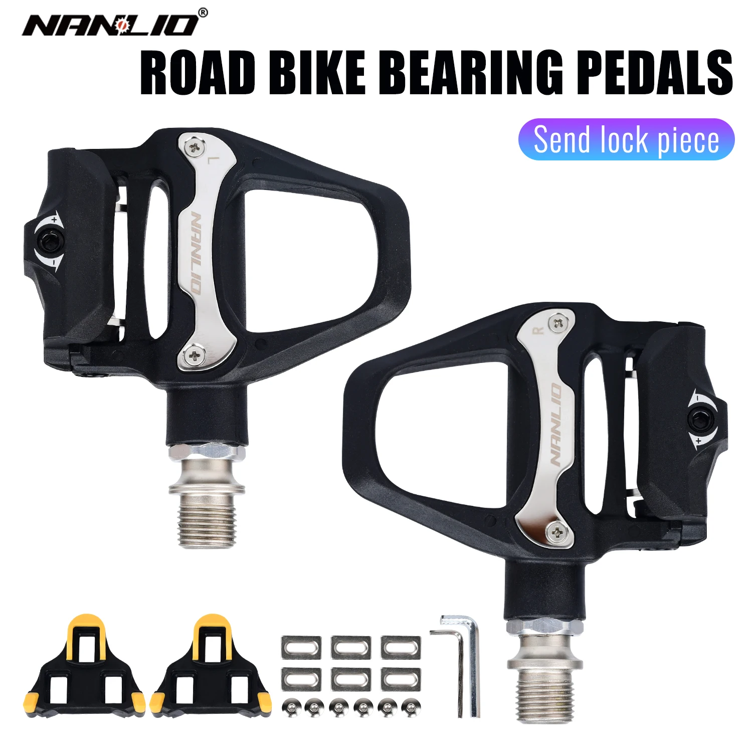 

Профессиональные педали с фиксатором для шоссейного велосипеда — сверхлегкое алюминиевое, нейлоновое волокно, самоблокирующимся механизмом и бесплатными шипами