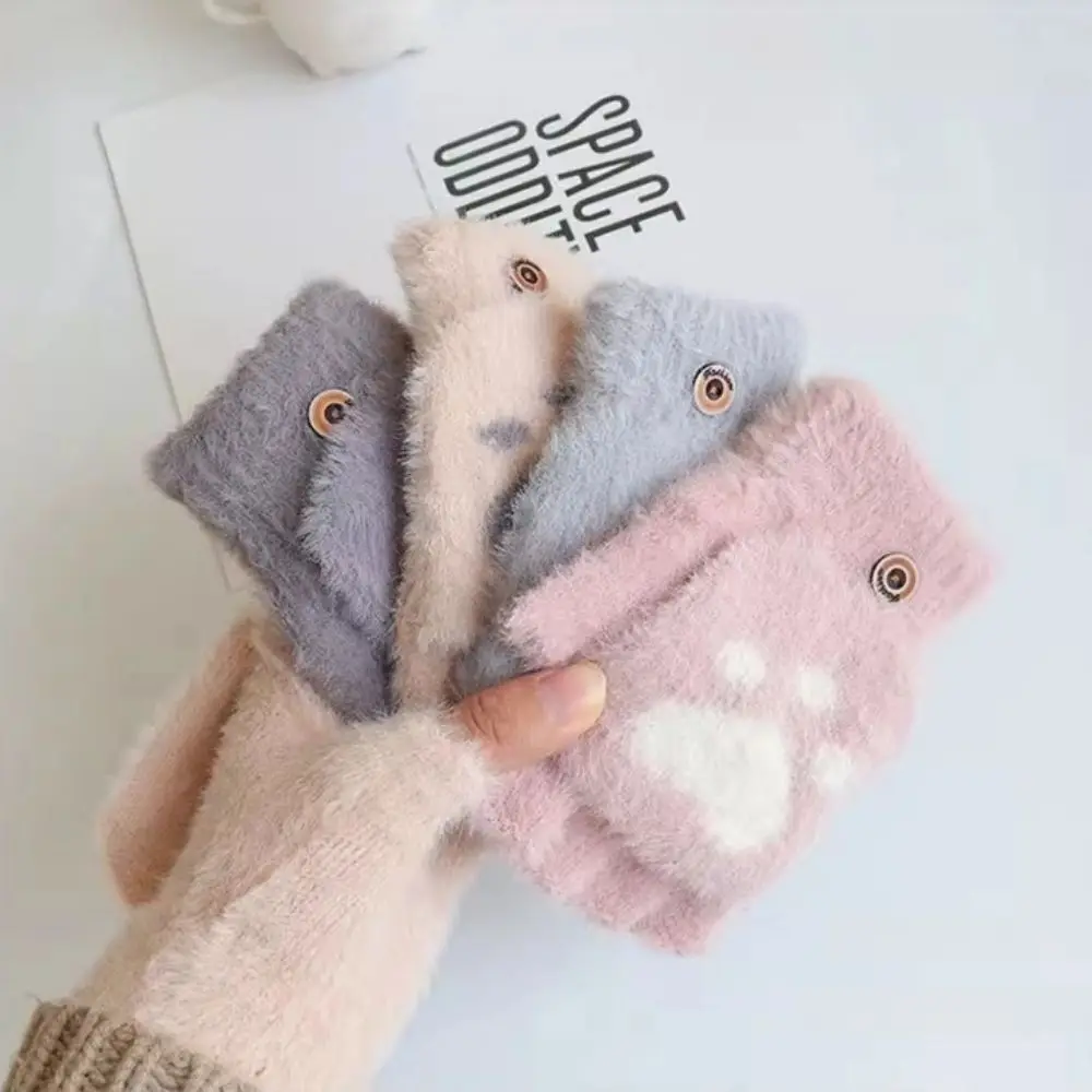 Women Girls Lovely Winter Warm Fingerless Gloves Girls Fluffy Bear Cat Plush Paw Claw Half Finger Gloves Mittens Gifts New 2023