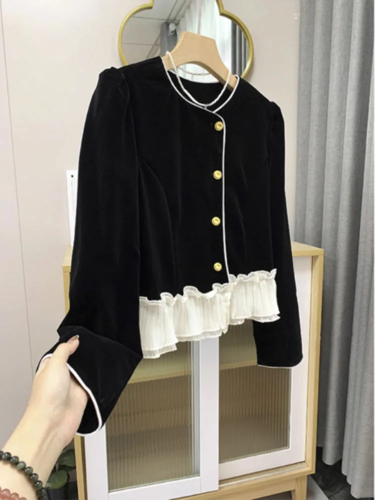 

V-neck Patchwork Design Sense Short Coat Button-up Fashion Long-sleeved Jacket Chic Girls Short Comfortable Vintage Tops