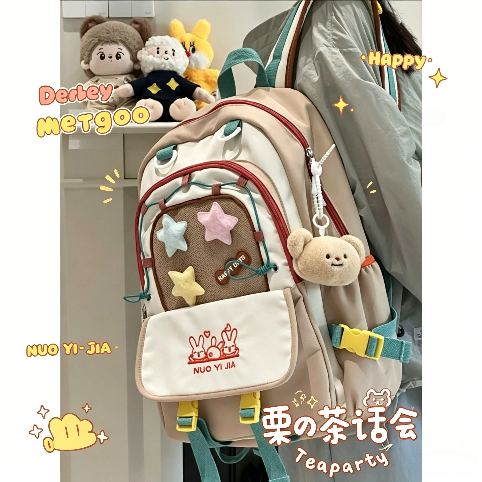 Japanese JK Kawaii Backpack for Girls, Cute Star & Bunny Embroidered School Bag with Bear Plush Charm Harajuku Aesthetic Daypack