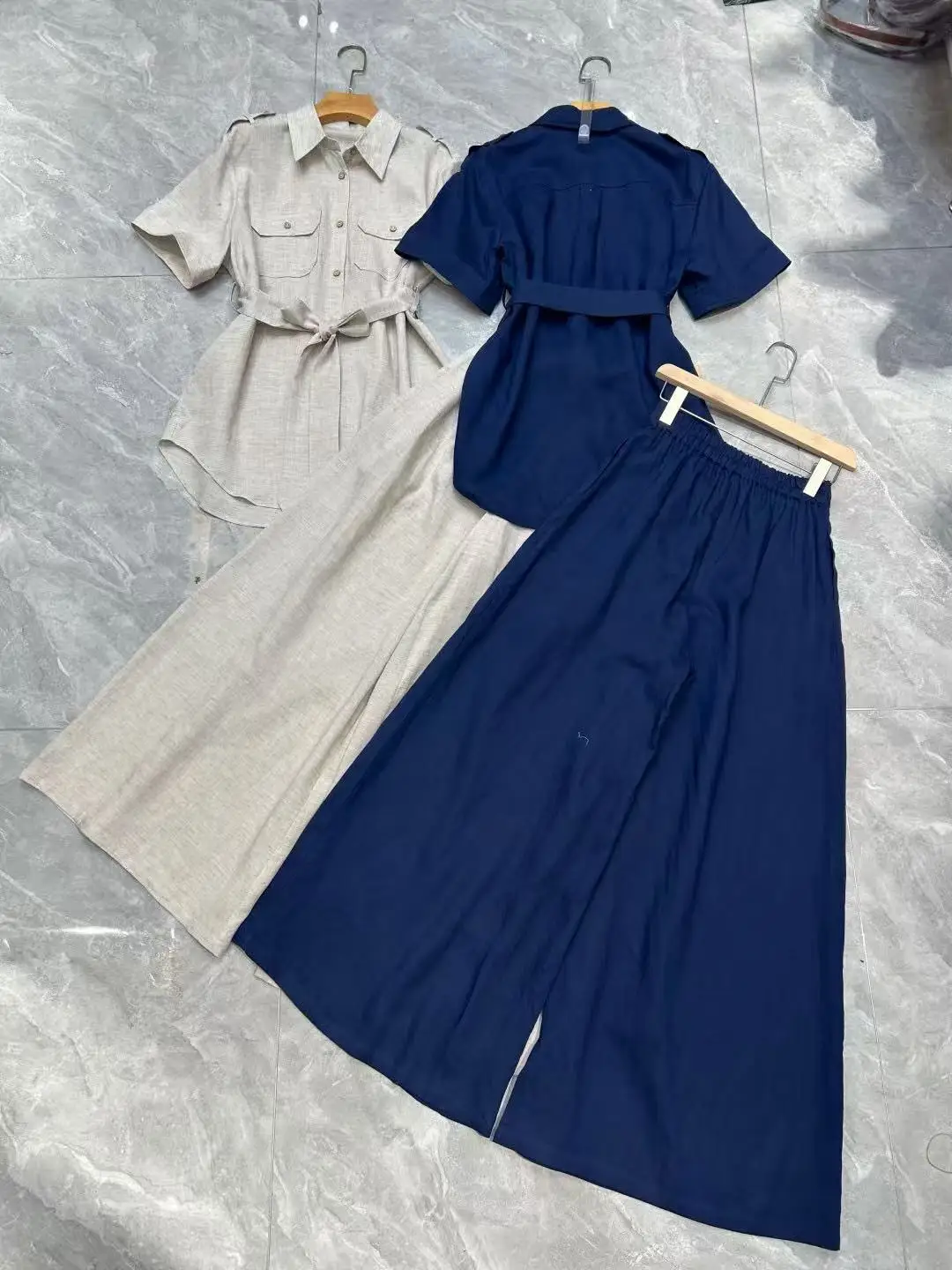 

Elegant free-spirited belted draping wide-leg pants two-piece set