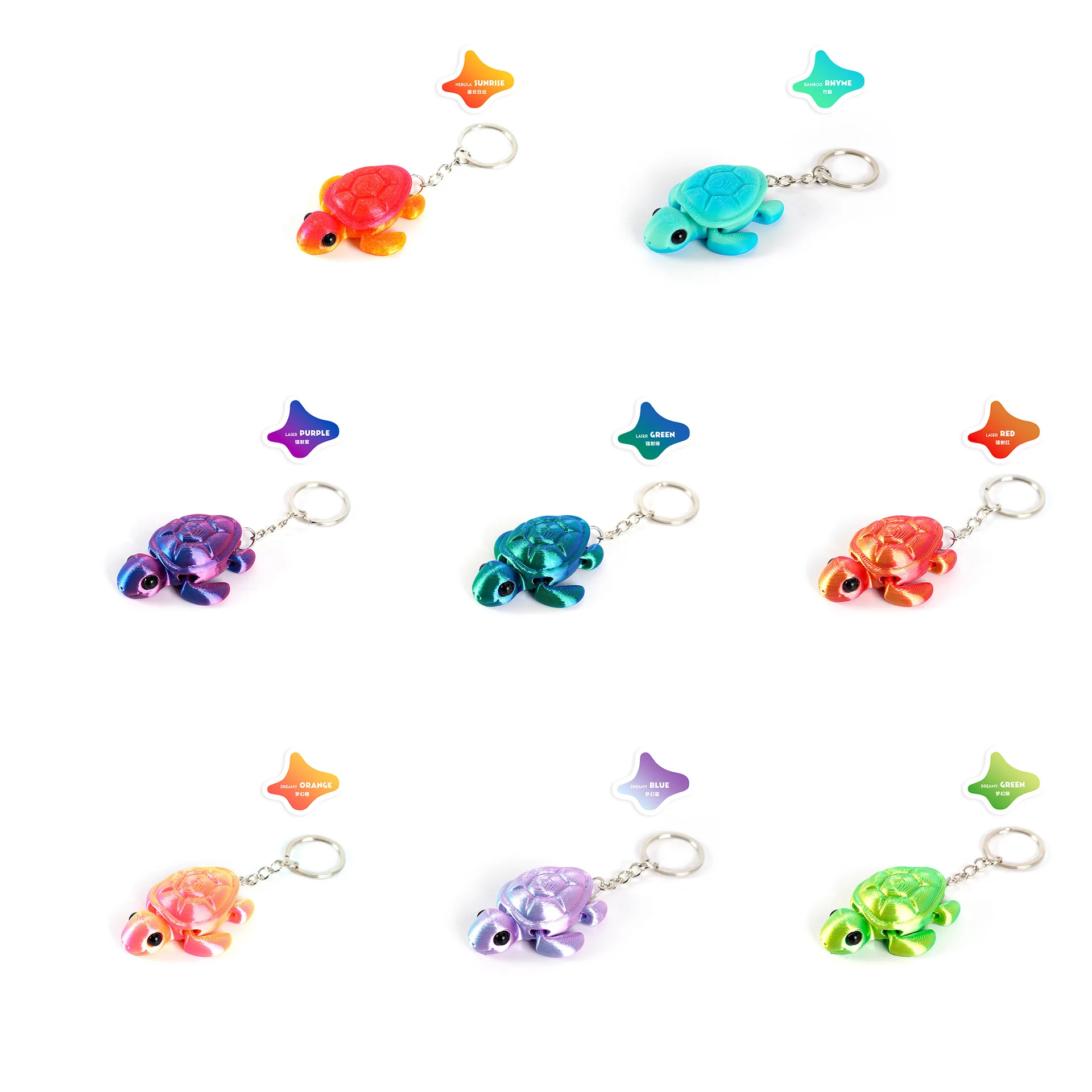 3D printed turtle keychain, fashionable color scheme, small turtle pendant, micro landscape, joints movable turtle decoration