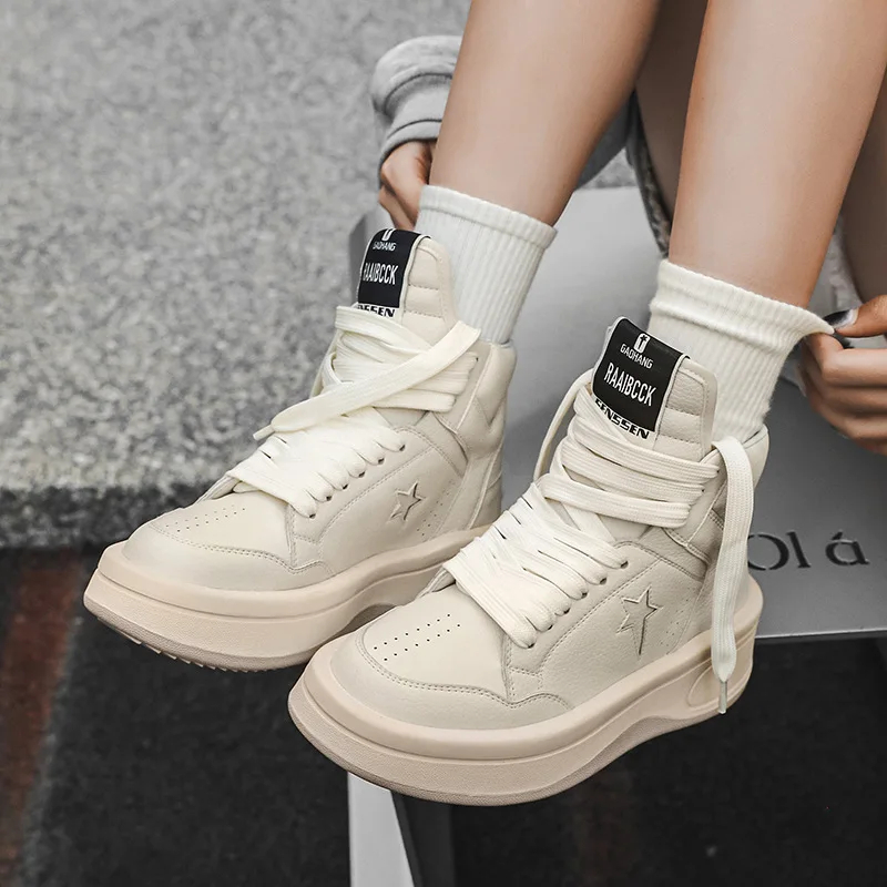 New Leisure Genuine Leather High-top Women Sneakers Shoes Thick Sole Daddy Shoes Casual Round Toe Sports Tennis White Lace-up