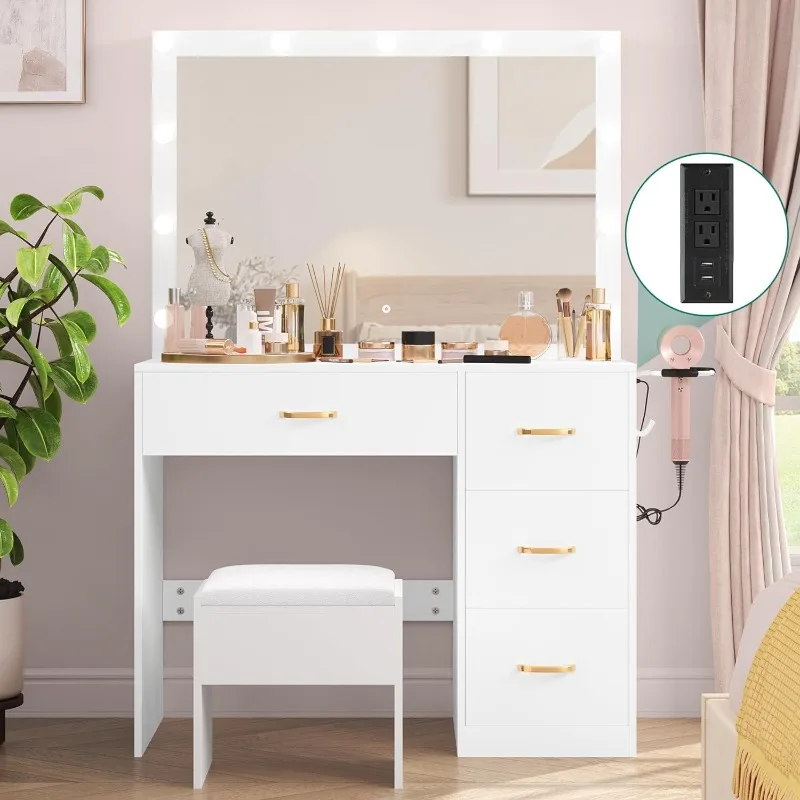 Vanity Desk Set with Large Lighted Mirror & Power Outlet, 3 Color Lighting Modes, Makeup Vanity Table with 4 Drawers