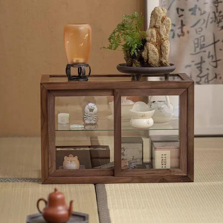 Tea storage cabinet Glass tea set display Black walnut desktop solid wood Shelf Cup set Tea set