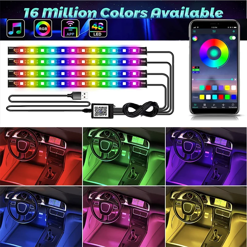 

Car LED music atmosphere light APP control interior light USB interface Music synchronization color change light 4 Light strip