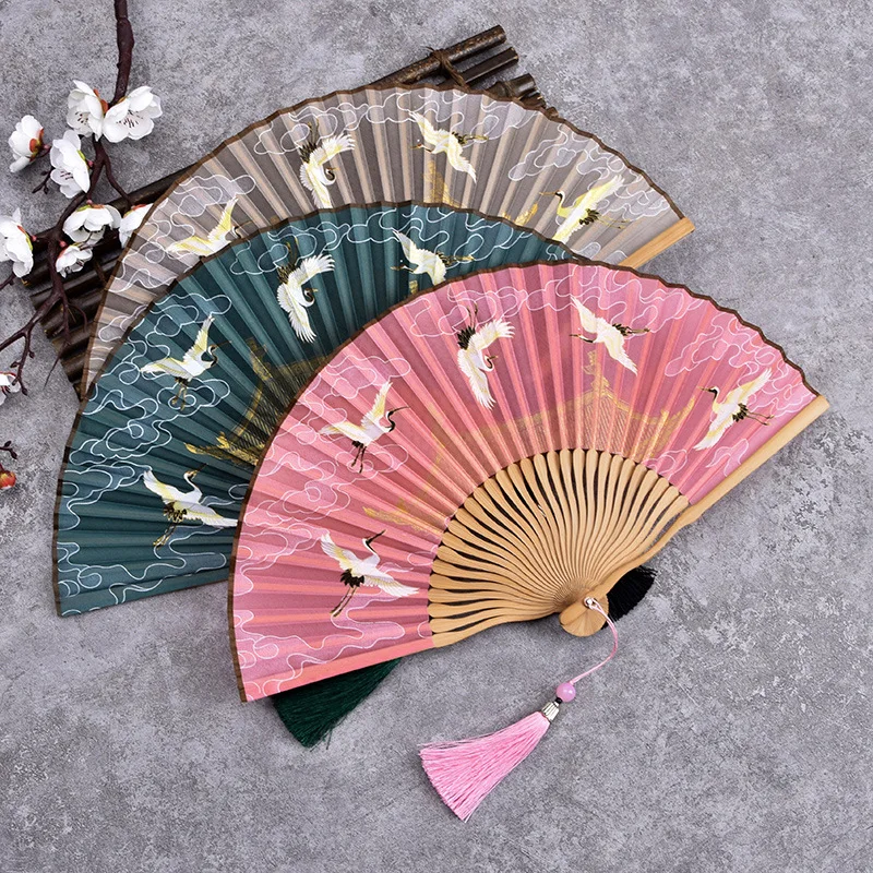 

Crane Folding Fan Retro Style Ladies Rui Crane Figure Small Silk Fan Performance Dance Party Photography Props Hanfu Accessories
