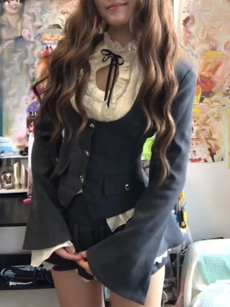 American 2000s Gothic Retro 3 Piece Sets Women Chic Coat + White Shirt + Fluffy Skirts New High Street Harajuku Vintage Outfits