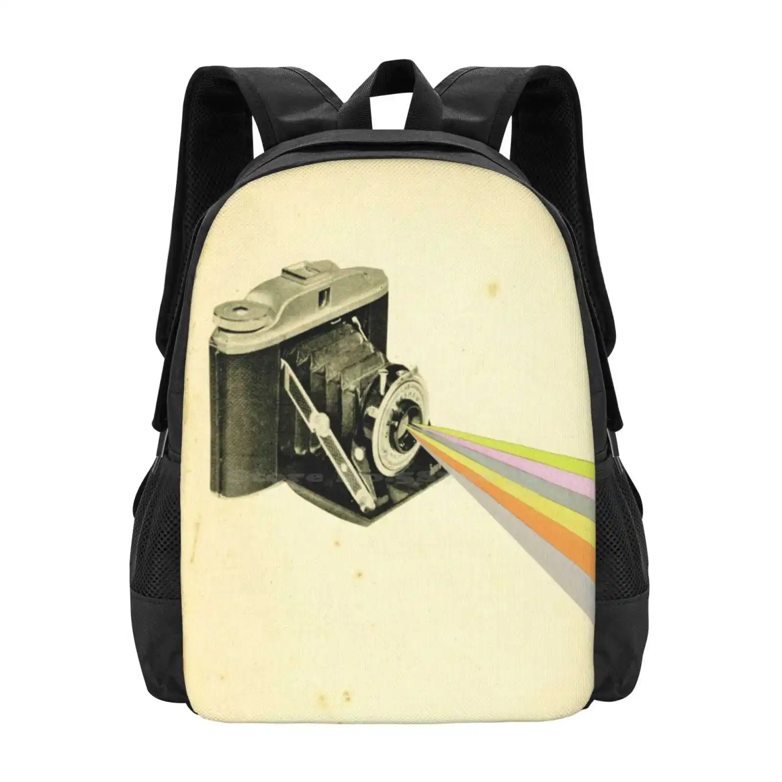 It'S A Colourful World Large Capacity School Backpack Laptop Bags Hand Cut Collage Retro Vintage Camera Art Stripes Abstract