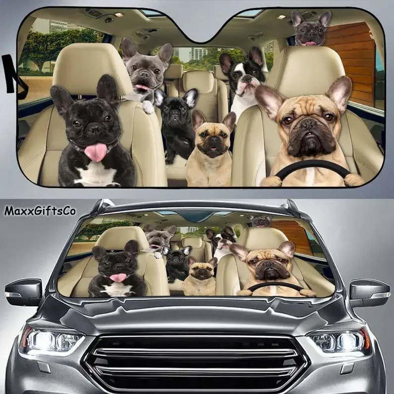 French Bulldog Car Sun Shade Windshield, Dogs Family Sunshade, French Bulldog Car Accessories