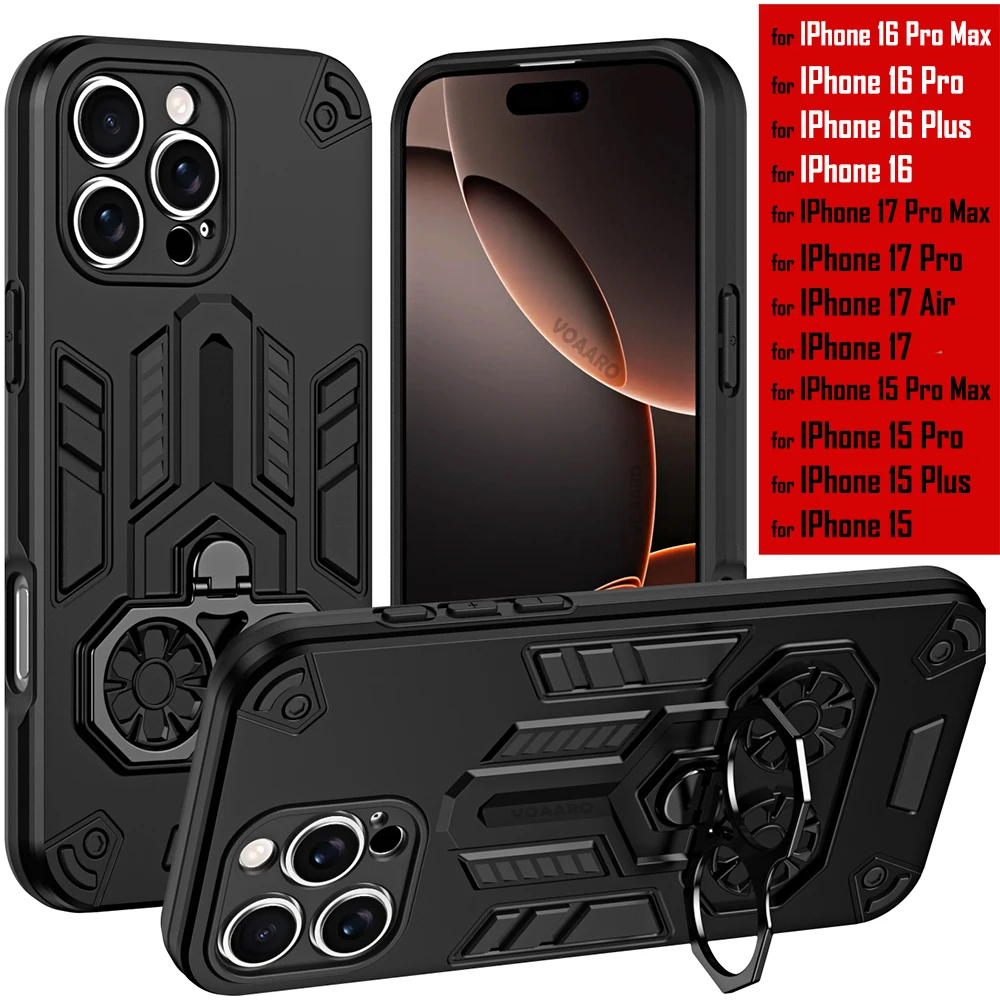 

Dual Finger Ring Armor Cover for Iphone 16 Pro Max Case for Iphone 17 Air 16 Plus 15 Pro Max Rotate Metal Bracket Stand Case