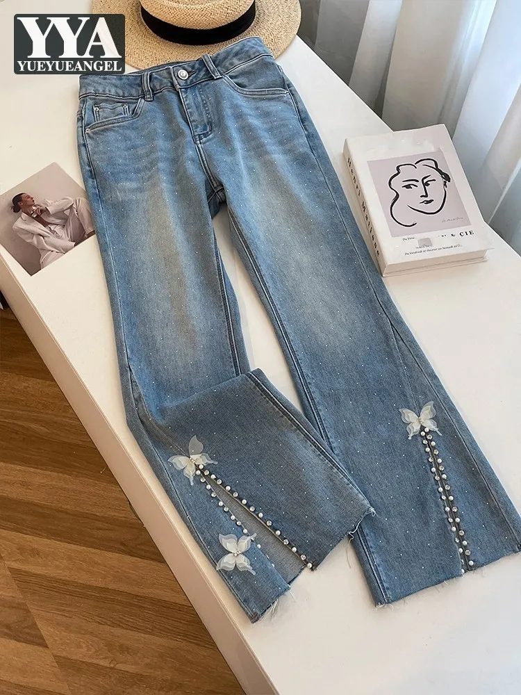 Fashion Office Ladies Summer Diamonds Shiny Micro Flared Jeans High Waist Butterfly Denim Pants Slim Full Length Leisure Trouser