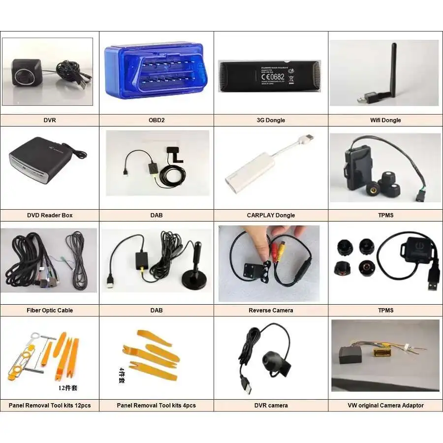 

Cable Car Decoration Accessories Removal Tools 12pcs 3G Dongle CARPLAY 360 Degree Camera DVR CAMERA TPMS WIFI DONGLE OBD2