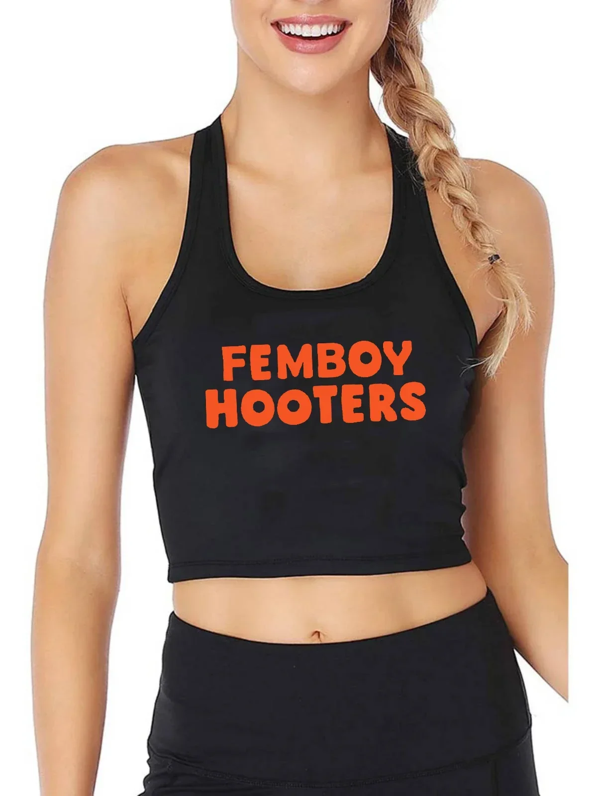 

Femboy Hooters Text Print Fashion High Street Style Crop Top Women's Sexy Training Tank Tops Gym Fitness Camisole