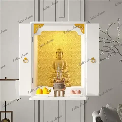 FG    Household Buddha Shrine with Door Offering Table Simple Modern God of Wealth Cabinet Altar Worship Table