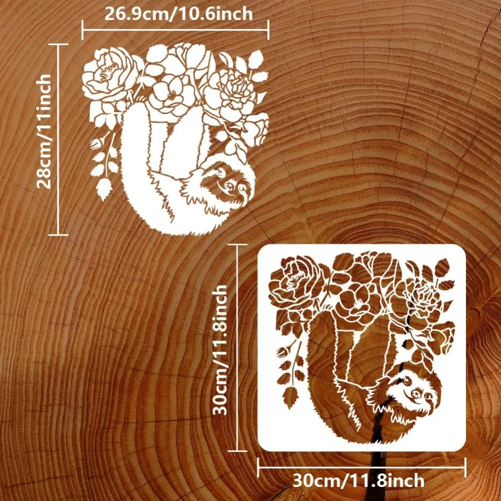 1pcs Sloth Branch Flowers Painting Stencil 11.8x11.8 inch Large Cute Sloth Pattern Painting Stencil Reusable Flowers Leaves