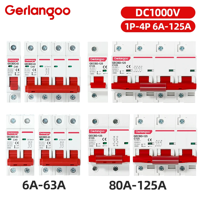 DC 1000V 1P 2P 3P 4P Solar Mini Circuit Breaker Overload Protection Switch 6A~63A/80A 100A 125A MCB for Photovoltaic PV System