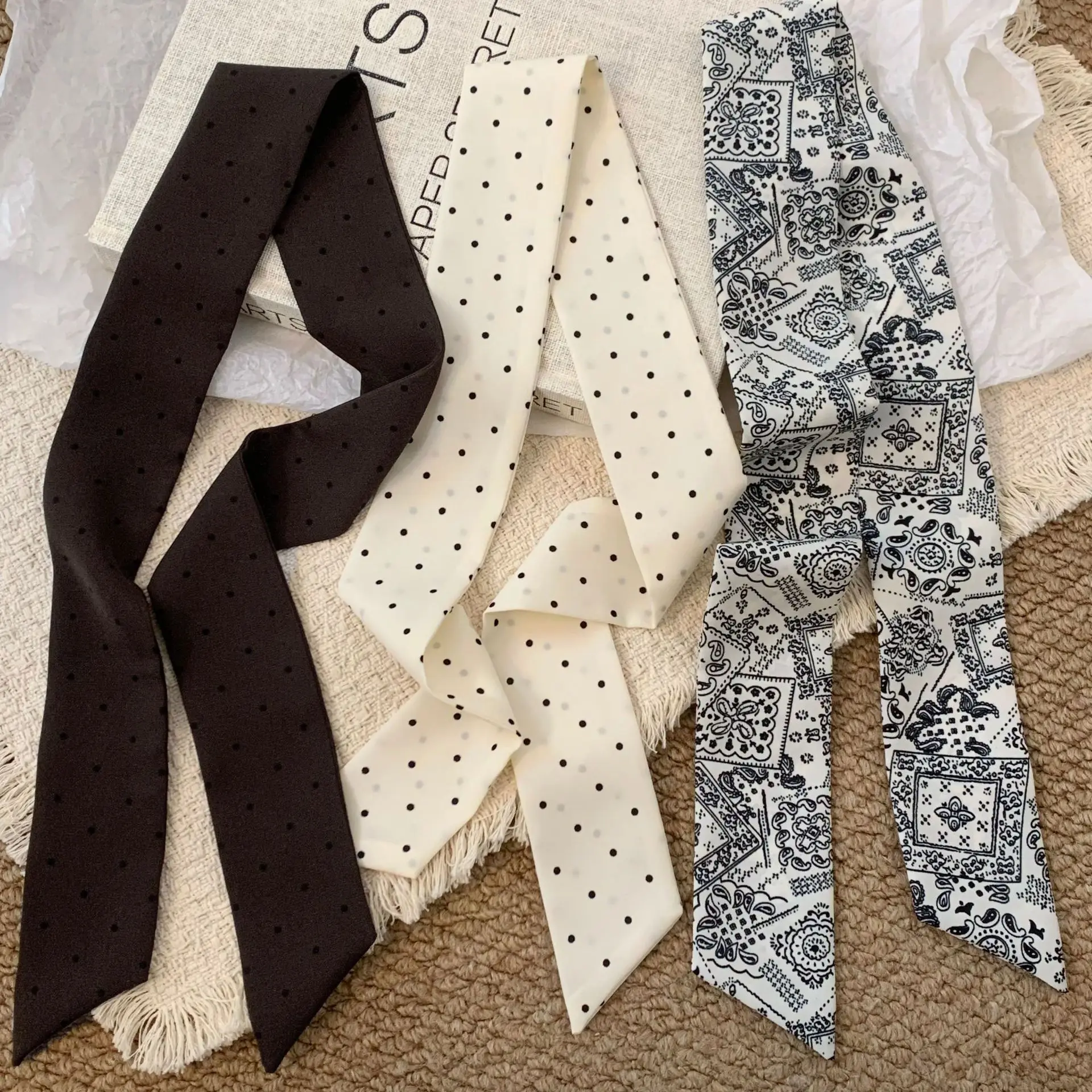 Scarf Cotton Linen Polka Dot Narrow  Long 5cm Wide Sleek Retro Hair Tie Neck Wrap Waist Belt for Women