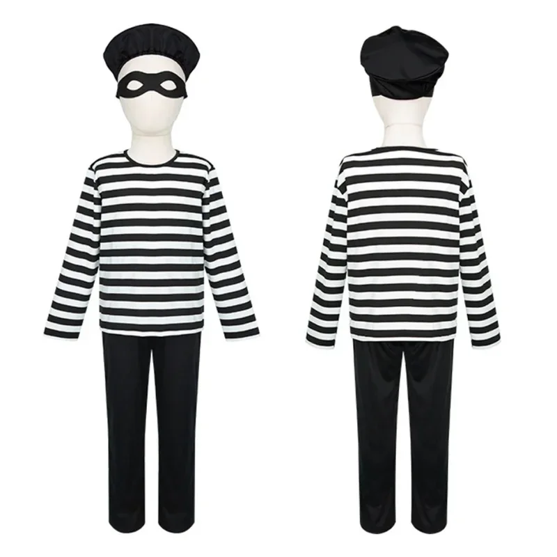 Dieb Cosplay Kostüm volle Sätze Einbrecher Verkleidung schwarz weiß Streifen für Kinder Outfit Halloween Karneval Party Kleidung Rollenspiel