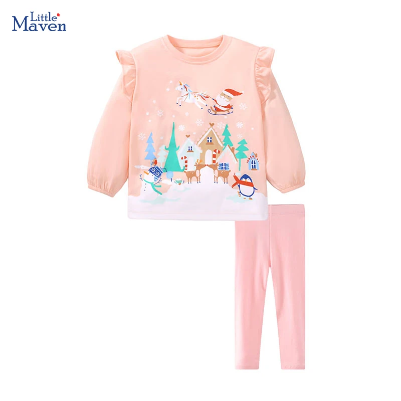 Little maven 2024 New Baby Girls Tops Kids Clothes Children's Clothing Outfits Cotton Christmas Santa Claus T shirts+Pants Sets