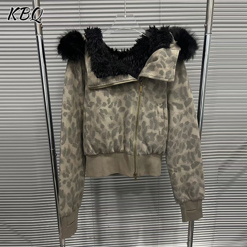 

KBQ Solid Spliced Feather Loose Coats for Women Hooded Long Sleeve Minimalist Patchwork Zipper Chic Coat Female Fashion Style