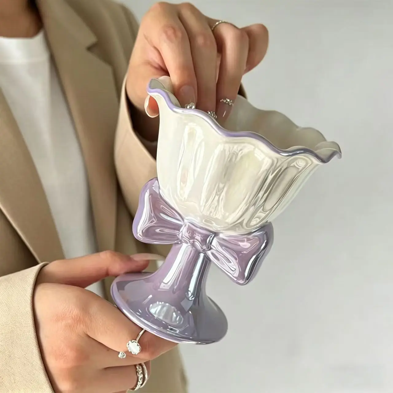 Bow Ice Cream Cup Ceramic Creative Bows High-heeled Cup Design Sense Home Oat Milk Breakfast Cups Salad Bowl Birthday Gift
